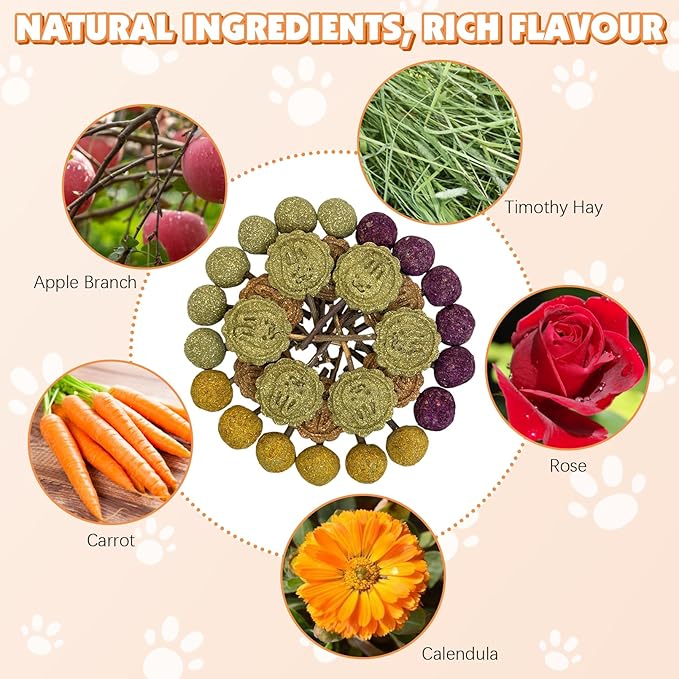 Fhiny Rabbit Chew Toys, 30 PCS Natural Bunny Lollipop Chew Sticks Handmade Guinea Pig Molar Treats for Teeth Small Animals Snacks for Guinea Pig Bunny Chinchilla Hamster Gerbil Teeth Care-PurrikoPets