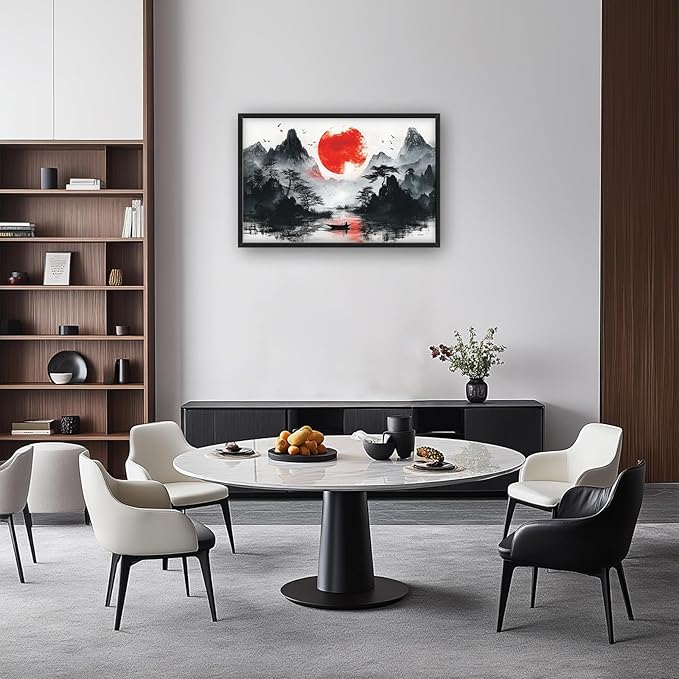 Framed Large Japanese Mountain Wall Art for Living Room, Oversized Asian Red Sun Lake Landscape Wall Decor Nature Canvas Painting Home Decoration for Living Room Bedroom Office 36"x24"-PurrikoPets