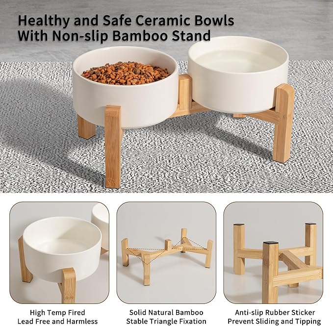 Elevated Ceramic Dog Bowl Set - Raised Feeding Bowls with Non-Slip Bamboo Stand - Small Pet Dishes for Food and Water - Ideal for Cats and Puppies - 16.23 OZ - 2 Cups - 480 ML-PurrikoPets