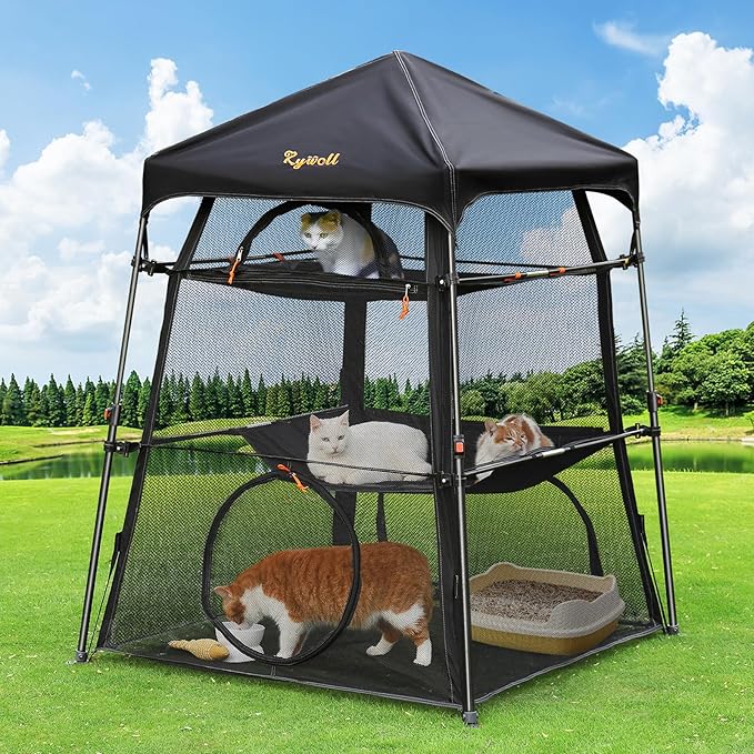 Extra Large Catio Outdoor Cat Enclosure, Rywell 3-Tier Spacious Outdoor Cat Tent, Weatherproof&Sunproof with 5 Windows, Foldable Cat Enclosure for Patio, Camping, Indoor(Includes Carry Bag)-PurrikoPets