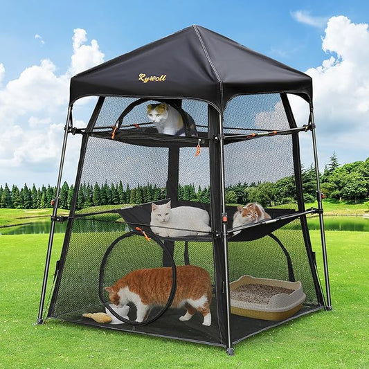 Extra Large Catio Outdoor Cat Enclosure, Rywell 3-Tier Spacious Outdoor Cat Tent, Weatherproof&Sunproof with 5 Windows, Foldable Cat Enclosure for Patio, Camping, Indoor(Includes Carry Bag)-PurrikoPets