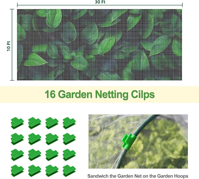 Garden Netting Mesh, 10X30 FT Garden Netting with 16 Cilps & Ultra Fine Mesh Net Bird Barrier Protection for Garden Vegetables Flowers Shrubs Fruit Trees Indoors & Outdoors Plant Beds Greenhouse-PurrikoPets