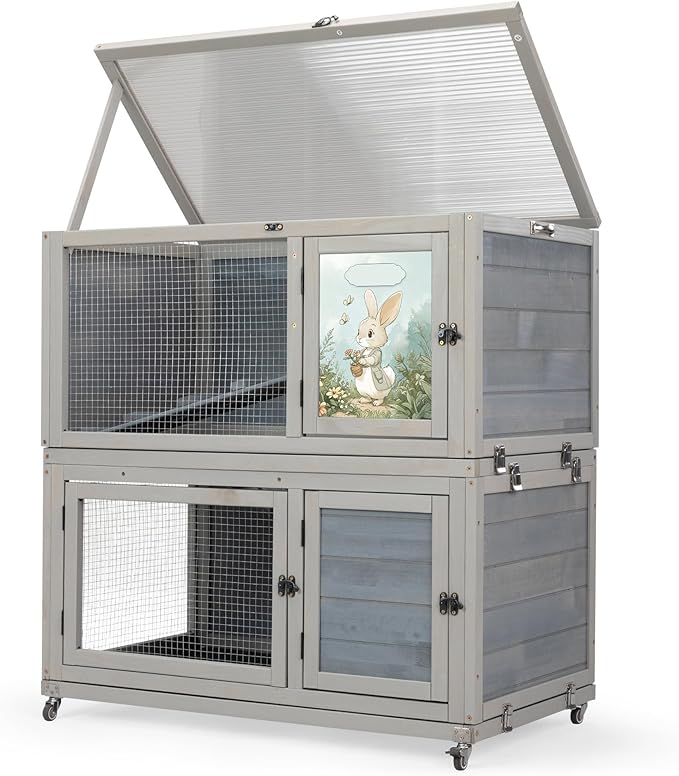 2-Story Wooden Rabbit Hutch for Outdoor & Indoor, Bunny Cage Rabbit House with Wheels, Trays, Ramp, Pet Home for Guinea Pigs, Chickens, Chicken Coop, Gray with Colorful Patterns-PurrikoPets