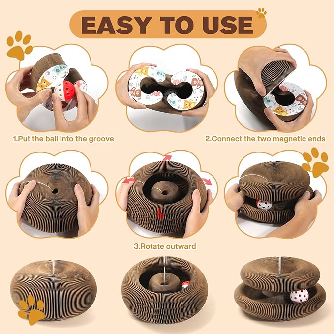 2 PCS Magic Organ Cat Scratcher Board with 6 Balls, Foldable Recyclable Accordion Cats Toy with Ball and Track Adventure, Cat Scratching Pad, Retractable Reversible Furniture Protector(Brown)-PurrikoPets