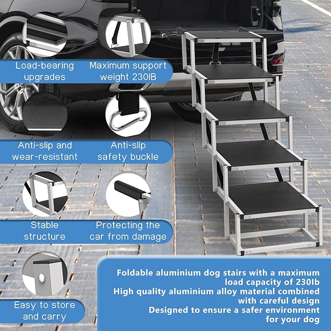 Dog Stairs for Large Dogs - 5 Step Foldable Dog Ramp for Car Non-Slip Surface Support up to 230lbs - Suitable for SUV,Truck, Sofas, Bed-PurrikoPets