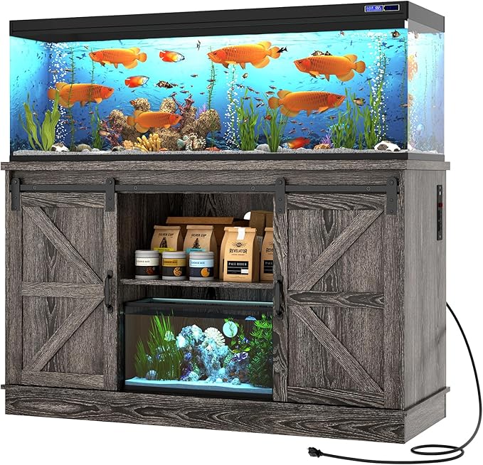 Farmhouse 55-75 Gallon Fish Tank Stand with Power Outlet, Aquarium Stand with Cabinet&Sliding Barn Door, Heavy Duty Reptile Tank Stand for 2 Fish Tank/Turtle Tank/Reptile Terrarium, Grey-PurrikoPets