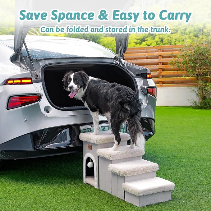 Dog Stairs for Small Dogs with Storage and Condo, 17.5" H Foldable Pet Stairs for Small Medium or Puppy Dogs and Older Cats, Dog Steps for Bed or Couch, 13x35x17.5 inch, 4 Tiers, Beige-PurrikoPets