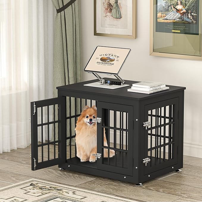26 Inch Heavy Duty Dog Crate Furniture for Small Dogs, Decorative Pet House End Table, Wooden Cage Kennel Furniture Indoor, Black-PurrikoPets