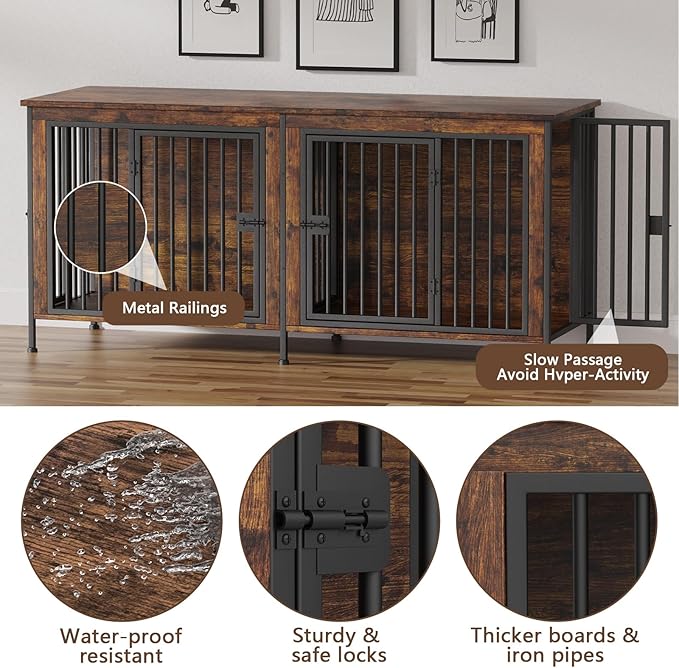 EasyCom 78 Inch Dog Crate Furniture for 2 Dogs, Extra Large Double Dog Cage Large Breed, XXL Thick Wooden Dog Crate TV Stand, Sturdy Dog Kennel with Divider-PurrikoPets