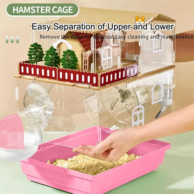 12 in 1 Clear Acrylic Hamster Cage with All Accessories,13.5''L*10''W*15''H Dwarf Hamster Cage,Magnetic Connection Small Hamster Enclosure,Wooden Mouse Cage for Pet Mice(2-Layer,Pink) Install Required-PurrikoPets