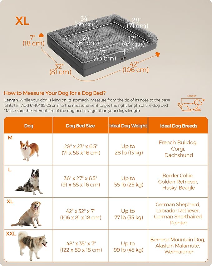 Feandrea Orthopaedic Dog Bed for Large Dogs, Waterproof Dog Sofa Bed with Removable Washable Cover, 42 x 32 x 7 Inches, Slate Gray UPGW253G02-PurrikoPets