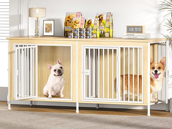 EasyCom 63" Dog Cage Furniture for 2 Pets with Divider, XL Wooden Double Dog Crate Furniture TV Stand for Mideum Breed, Durable and Sturdy-PurrikoPets