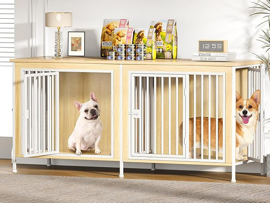 EasyCom 63" Dog Cage Furniture for 2 Pets with Divider, XL Wooden Double Dog Crate Furniture TV Stand for Mideum Breed, Durable and Sturdy-PurrikoPets