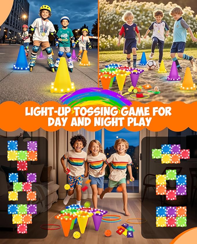 Eocolz 49PCS Carnival Games Outdoor Combo Set for Kids with LED Light, Plastic Cones Obstacle Course Bean Bags Balls Ring Toss Game Egg and Spoon Race Lawn Game, Gift for Birthday Party/Xmas/Easter-PurrikoPets