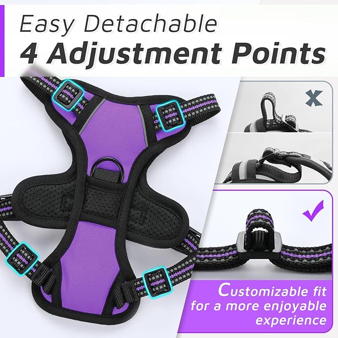 Eagloo Small Dog Harness No Pull, Service Vest with Reflective Strips and Control Handle, Adjustable and Comfortable for Easy Walking, No Choke Pet Harness with 2 Metal Rings, Purple, XS-PurrikoPets