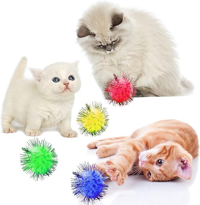 80 Pieces Cat Sparkle Balls Assorted Color 1 Inch Pom Poms Tinsel Cat Ball Toy Puff Balls Glitter Ball for Cats Kitten Toys for Indoor Cats and Crafts-PurrikoPets