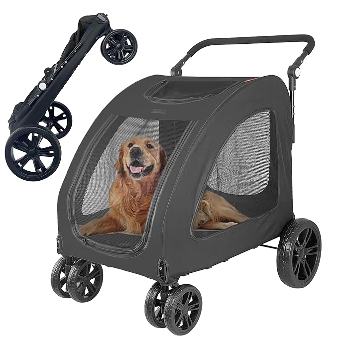 Extra Large Dog Stroller for Medium & Large Pets - Foldable Design, Adjustable Handle, Up to 130 lbs(Black)-PurrikoPets