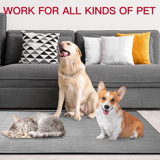 39.4"x29.5" Large Pet Food Mat, Silicone Dog Mats for Food and Water, Nonslip Pet Feeding Mats for Floors,Dog Cat Bowl Mat with Raised Edges, Light Gray-PurrikoPets