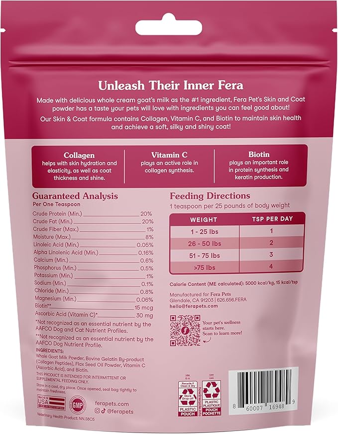 Fera Pets Goat Milk Topper - Cat & Dog Skin and Coat Supplement with Collagen, Biotin & Vitamin C - Helps Maintain Normal Skin Moisture - Promotes a Shiny Coat - for Picky Eaters - 60 TSP-PurrikoPets