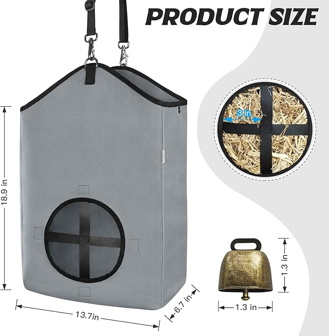 3 PCS Goat Hay Feeder,Hay Bags for Horses,Goats,Donkeys with Reinforced Oxford Fabric and High Strength Metal Clasp,Horse Feeding Supplies with Adjustable Strap for Easy Hanging (2Grey+1Black)-PurrikoPets