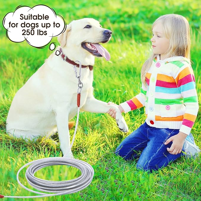 Dog Tie Out Cable for Dogs Outside Up to 125/250lbs,10/20/30/50FT Long Dog Leash&Chains,Small-Large Dogs Runner Cable for Yard,Heavy Duty Lead Line for Outdoor,Camping,Yard(250lbs 50FT, Silver)-PurrikoPets
