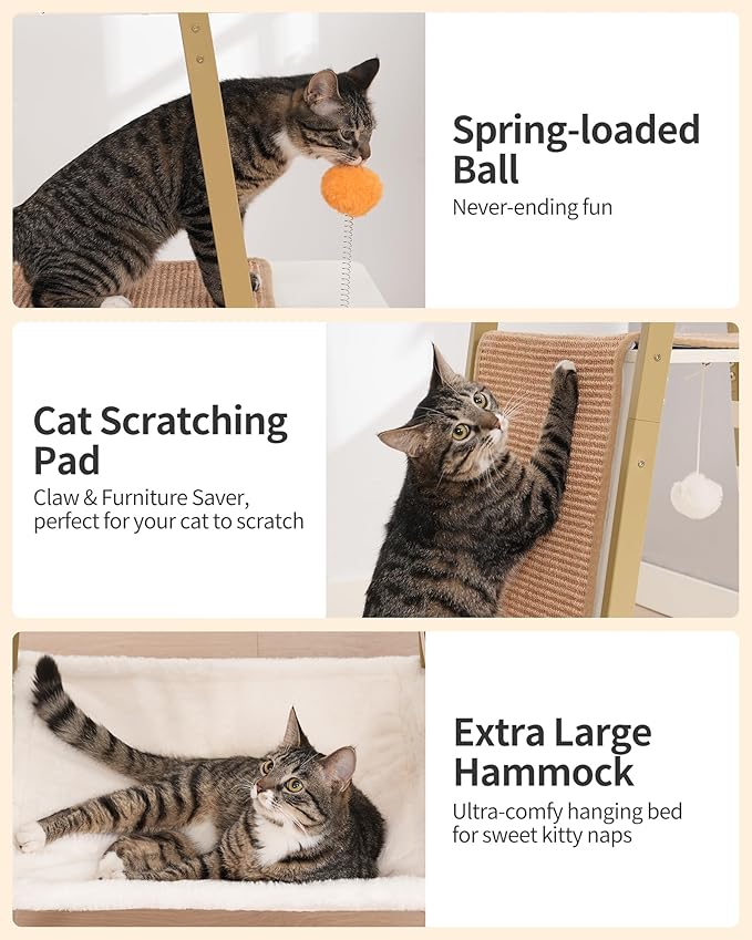 FourFurPets Modern Cat Tree, 58-Inch Cat Tower for Large Cats, Maine Coon Cat Tree with Scratching Board, Large Perch, Hammock and Removable Pads, White-PurrikoPets