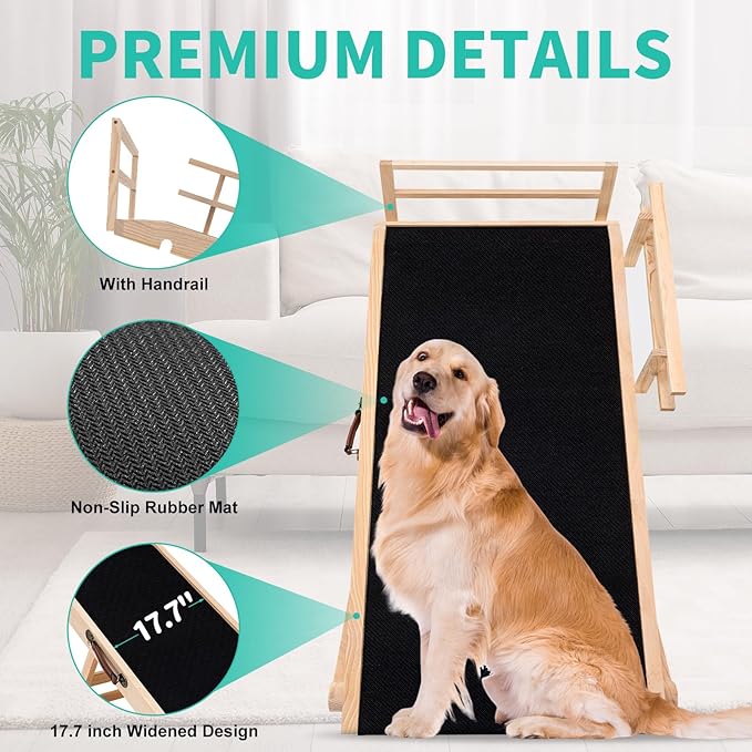 Dog Ramp, 5 Level Adjustable Wooden Folding Pet Ramp for Middle Bed, Couch,SUV-High Traction, Portable Paw Ramps for Small & Large Old Dogs & Cats - Furniture Quality-PurrikoPets