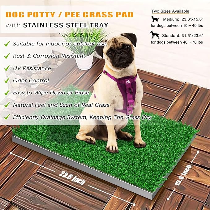 Dog Grass Pad with Tray, Stainless Steel Odor-Resistand Indoor Outdoor Potty System, Durable Alternative to Plastic with Artificial Grass for Dogs Potty Training (Potty System Size -23.6"x 15.8")-PurrikoPets