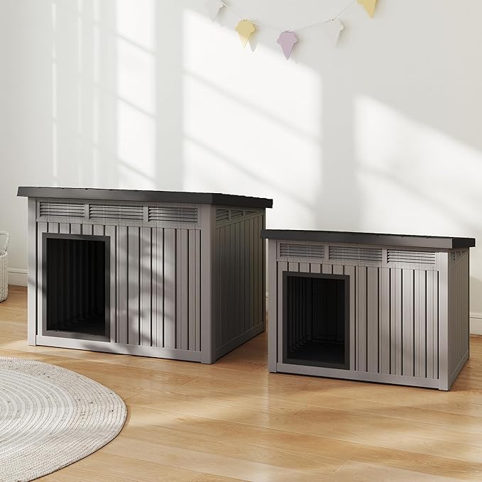 Dog House Indoor Outdoor,Resin Waterproof Puppy Shelter with Air Vents and Elevated Floor,Air Rod on Top to Open,Dog Kennel for Small to Large Dogs(Grey,42.87 * 32.95 * 31.61)-PurrikoPets