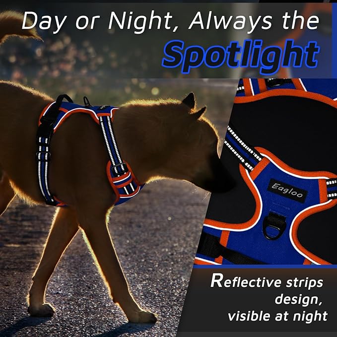 Eagloo Dog Harness for Large Dogs, No Pull Service Vest with Reflective Strips and Control Handle, Adjustable and Comfortable for Walking, No Choke Pet Harness with 2 Metal Rings, Blue & Orange, L-PurrikoPets
