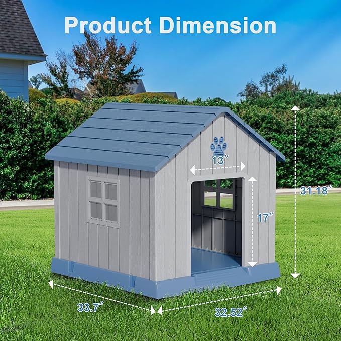 Dog House Indoor Outdoor for Small to Large Sized Dogs Resin Outdoor Dog House with Ventilation Puppy Shelter with Elevated Floor, Easy to Assemble, Blue-PurrikoPets