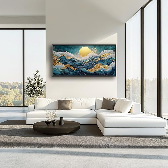 Framed Large Sun Mountain Wall Art, Oversized Teal and Golden Sun Wall Decor for Living Room, Abstract Landscape Canvas Painting Modern Artwork Home Decoration for Living Room Bedroom 60"x30"-PurrikoPets