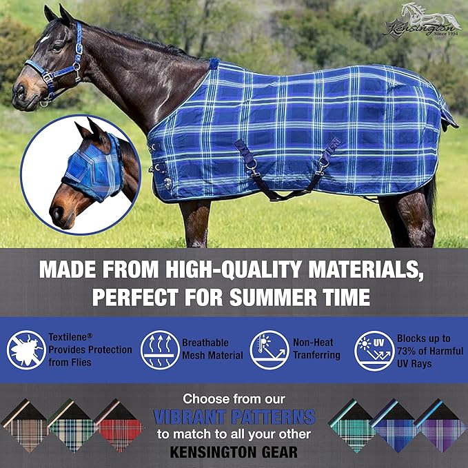 Kensington Fly Mask with Fleece Trim for Horses — Protects Face and Eyes from Flies and Sun Rays While Allowing Full Visibility — Breathable and Non Heat Transferring, Medium, Kentucky Blue-PurrikoPets