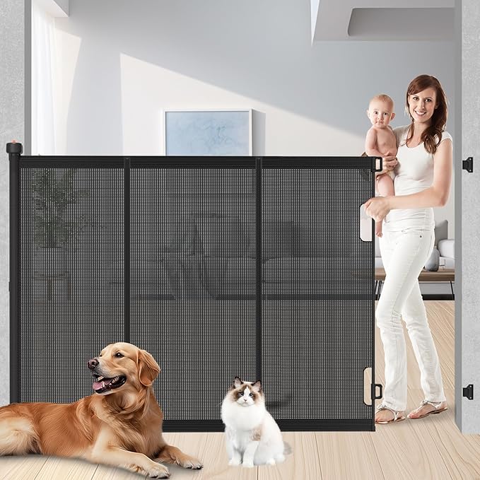 Extra Tall Retractable Baby Gates: 51" Tall Pet Gate, Extend up to 120" Wide, Mesh Baby Gate with Support Rods Jump-Proof Design for Cats & Large Dogs High Dog Cat Door Indoor Outdoor, Black-PurrikoPets