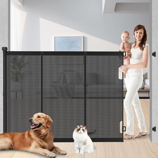 Extra Tall Retractable Baby Gates: 51" Tall Pet Gate, Extend up to 120" Wide, Mesh Baby Gate with Support Rods Jump-Proof Design for Cats & Large Dogs High Dog Cat Door Indoor Outdoor, Black-PurrikoPets