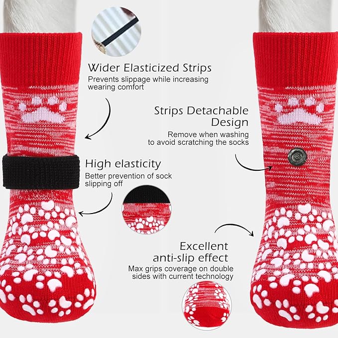 EXPAWLORER Anti Slip Dog Socks to Prevent Licking Paws, Dog Shoes for Hot Pavement, Dog Booties for Small Medium Large Senior Dogs, Traction Control Boots & Paw Protectors for Hardwood Floors-Red-PurrikoPets