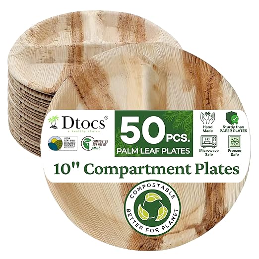 Dtocs 3 Compartment Plates (50 Pc) Palm Leaf 10 Inch Round Portion Control Buffet Sectional Plate | Bamboo Plates Disposable Like Compostable Camping Dinnerware Stronger than Divided Paper, Styrofoam-PurrikoPets