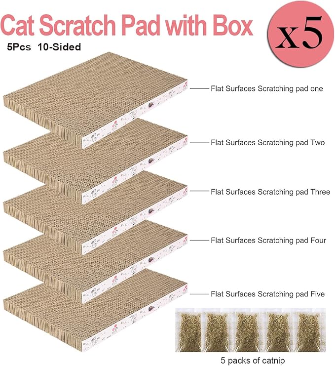 5 Packs in 1 Cat Scratch Pad with Box, Cat Scratcher Cardboard,Reversible,Durable Recyclable Cardboard, Suitable for Cats to Rest, Grind Claws and Play with Scratch Box-PurrikoPets