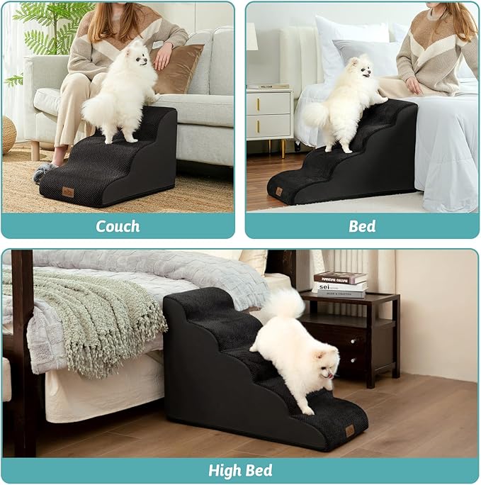 Dog Stairs for Small Dogs 15.7" H, Curved Dog Step for Puppy, Older Cat, Medium Pet Ramp for Sofa, Couch or Bed, Ladder with High Density Foam, 15.7x22.4x15.7 inch, 3 Step, Black-PurrikoPets