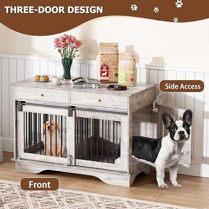 Dog Furniture Crate, 47" Large Dog Crate Furniture w/ 2 Storage Draws & Removable Divider for Large/Medium/Small Dogs (Grey, Double Cage)-PurrikoPets