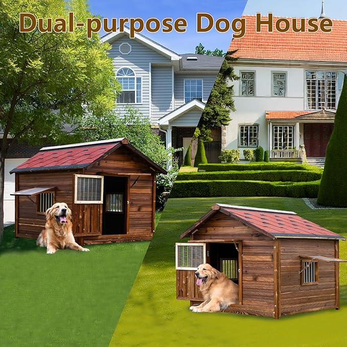 Extra Large Wooden Dog House Outdoor, Waterproof Heavy Duty Dog House Outside with Door and Adjustable Window, Large Outdoor Pet Kennel, 6XL-PurrikoPets