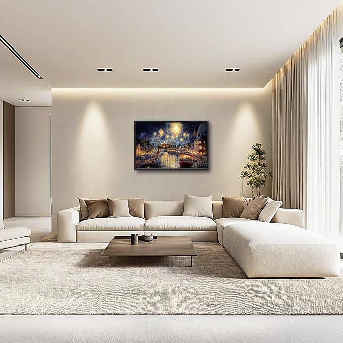 Framed Large Firework Night Sky Wall Art, Oversized European City Landscape Wall Decor for Living Room, River Boats Canvas Pictures Home Decoration for Living Room Bedroom Office 36"x24"-PurrikoPets