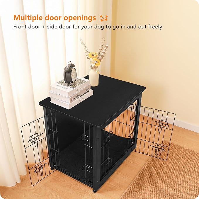 DWANTON Dog Crate Furniture with Cushion, Wooden Kennel Table with Double Doors, Indoor Dog House, Small/Medium/Large Size, 27.2" L, Black-PurrikoPets