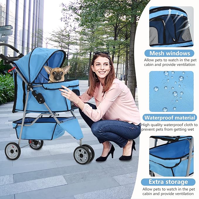 Dog Stroller,3 Wheels Travel Folding Pet Stroller for Small Medium Dog Cat Jogger Stroller with Storage Basket Removable Liner Blue-PurrikoPets