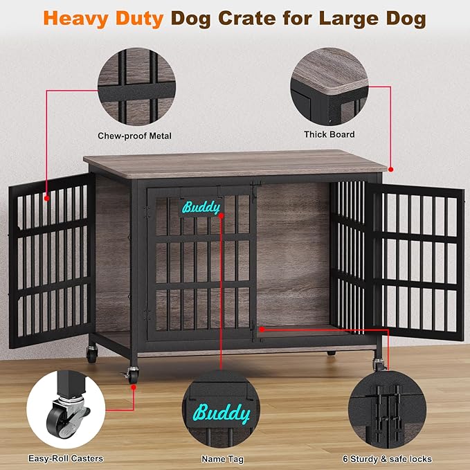 EasyCom 42"/41"/33" XL Dog Crate Furniture with Casters, Heavy Duty Dog Kennel Indoor for Large and Medium Dogs, Double-Doors Sturdy Dog Cage for Anxiety Dog, Decorate House as TV Stand, Bedside Table-PurrikoPets
