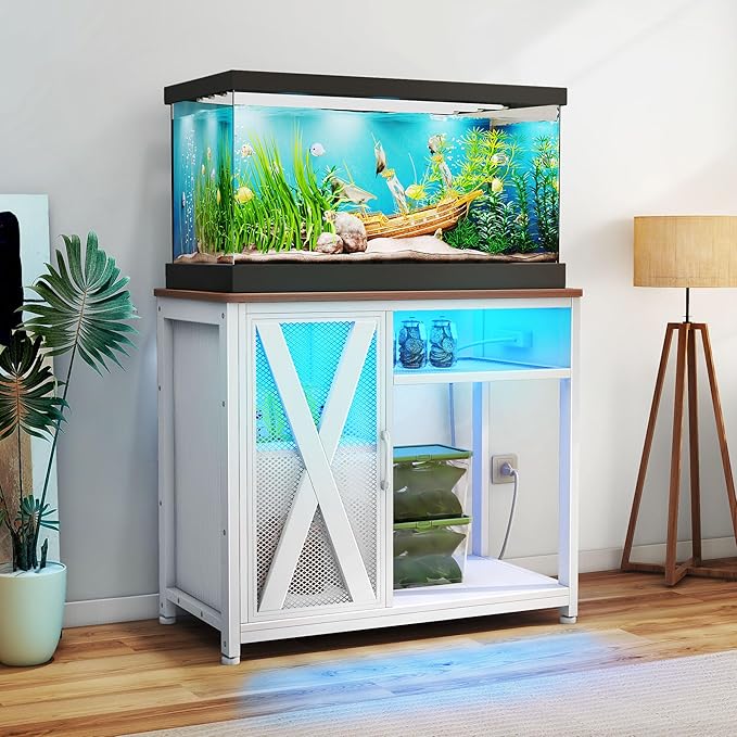 DWVO 40-50 Gallon Aquarium Stand with Power Outlets & LED Light, Cabinet for Fish Tank Accessories Storage - Metal Fish Tank Stand Suitable for Turtle Tank, Reptile Terrarium, 660LBS Capacity, White-PurrikoPets