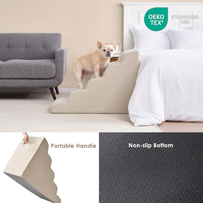 EHEYCIGA Curved Dog Stairs Ramp for High Beds, 5-Step Extra Wide Dog Steps for Small Dogs and Cats, Pet Stairs for High Bed Climbing, Non-Slip Balanced Pet Step Indoor, Beige-PurrikoPets