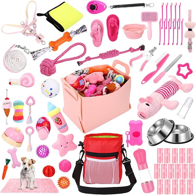 65 Pcs Puppy Supplies Starter Kit Small Dog Essentials Includes Dog Leash, Toys, Bowl, Brushes, Water Bottles, pet Blankets Puppy Accessories for New Welcome Gift Supplies(Cute,Pink)-PurrikoPets