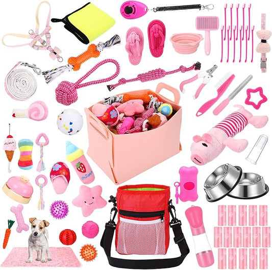 65 Pcs Puppy Supplies Starter Kit Small Dog Essentials Includes Dog Leash, Toys, Bowl, Brushes, Water Bottles, pet Blankets Puppy Accessories for New Welcome Gift Supplies(Cute,Pink)-PurrikoPets