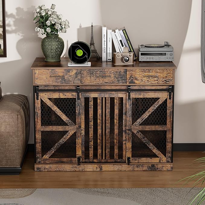 48'' Dog Crate Furniture with Removable Divider & Storage Drawers, Wooden Double Dog Cage TV Stand with 2 Sliding Barn Doors, Multi-Functional Dog Crate End Table for Indoor use (Retro Brown)-PurrikoPets